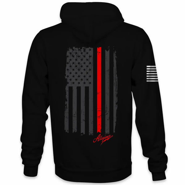 Back view of Allegiance Back the Red Hoodie with distressed flag and thin red line design