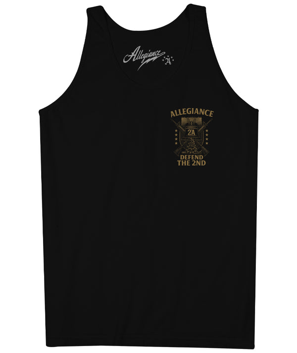 Front of Allegiance Defend Liberty Tank Top with small chest print, black 100% cotton