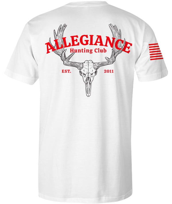 Back of Hunting Club Graphic Tee in white featuring large deer skull with antlers, Allegiance text, and “Hunting Club – Est. 2011” graphic