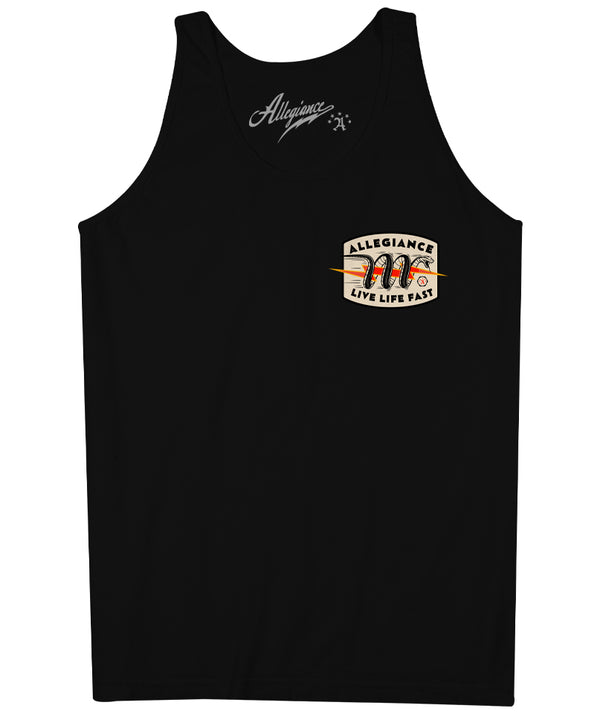 Front view of Snake Bite Tank with Allegiance Live Life Fast chest graphic on black tank top.