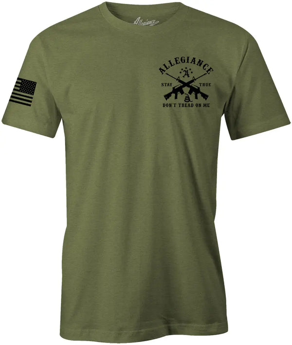 Front of Don't Tread Premium Tee in OD Green with small chest graphic and American flag sleeve print