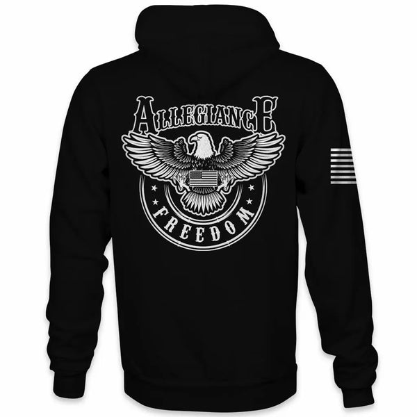 Back view of Allegiance Freedom Eagle Hoodie with bold eagle crest and Freedom banner