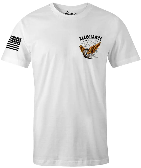 White Wheelin' Tee with small front chest burnout graphic and American flag sleeve print.