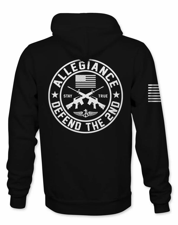 Back view of Allegiance Defend the 2nd Hoodie in black with rifle crest and American flag