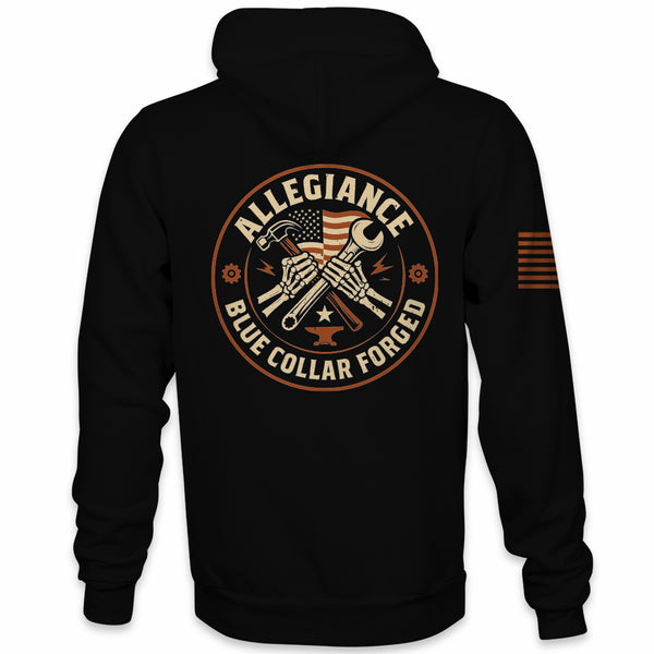 Back view of Allegiance Blue Collar Forged Hoodie with wrench and hammer design
