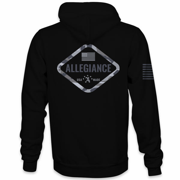 Back view of Allegiance Hex Camo Hoodie featuring large hex camo emblem with American flag and text “Allegiance USA Made”
