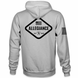 Hex Premium Hoodie back view showing large diamond-shaped Allegiance logo with American flag and USA Made graphic elements.