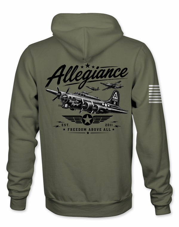 Allegiance Keep Em Flying Hoodie military green with vintage military bomber aircraft back graphic