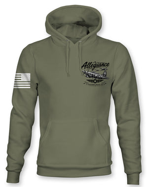 An olive green pullover hoodie with a black graphic on the left chest depicting a vintage airplane and the word 'Alliance', along with a distressed black-and-white American flag graphic on the right sleeve.