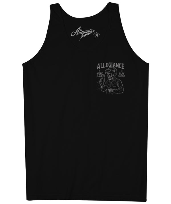 Allegiance Play Harder Tank black with small front chest skeleton welder graphic and American flag sleeve print