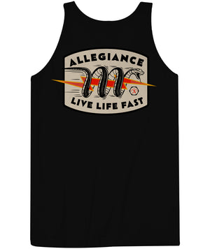 Back view of Snake Bite Tank featuring large coiled snake graphic with Live Life Fast text.