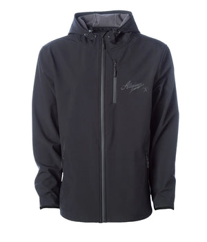 Front view of Allegiance Snowpack Tech Jacket in black with water-resistant soft-shell fabric and Allegiance chest logo