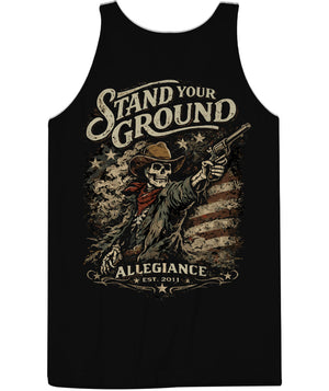 Stand Your Ground black tank featuring western skull outlaw and American flag back graphic